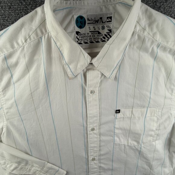 Quiksilver Men Long Sleeve Button Up Shirt White Blue Striped XL Polycotton - Picture 1 of 16